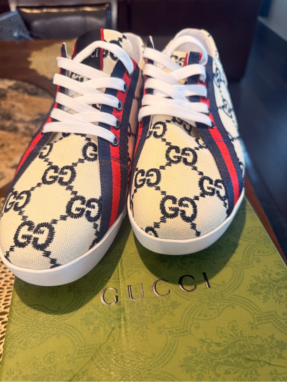 Gucci Kids GG Canvas Sneakers in White with Blue & Red Stripes
